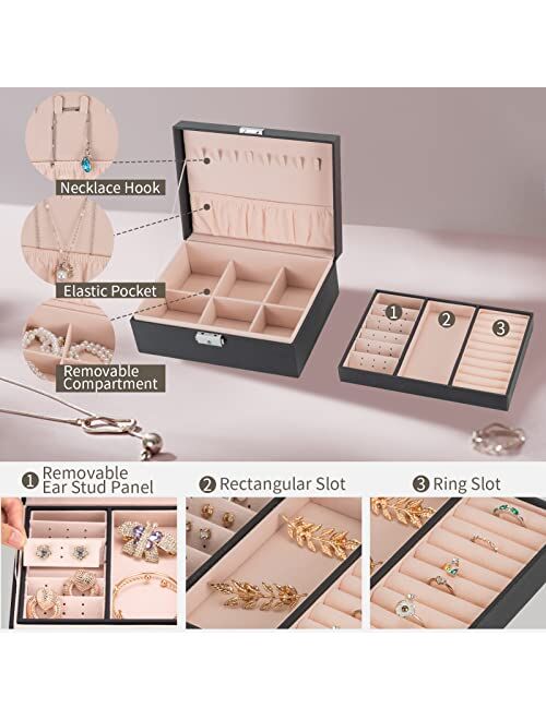 Smileshe Jewelry Box for Women Girls, PU Leather Organizer Holder Boxes with Lock, 2 Layers Removable Display Storage Travel Case for Rings Earrings Necklaces Bracelets