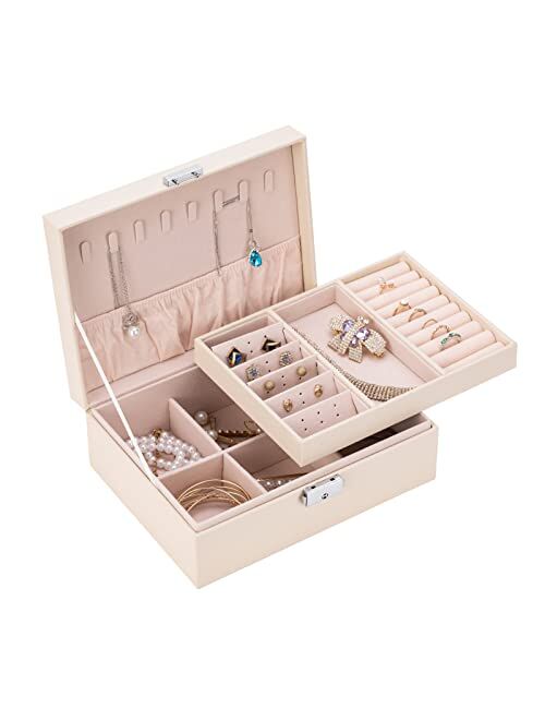 Smileshe Jewelry Box for Women Girls, PU Leather Organizer Holder Boxes with Lock, 2 Layers Removable Display Storage Travel Case for Rings Earrings Necklaces Bracelets