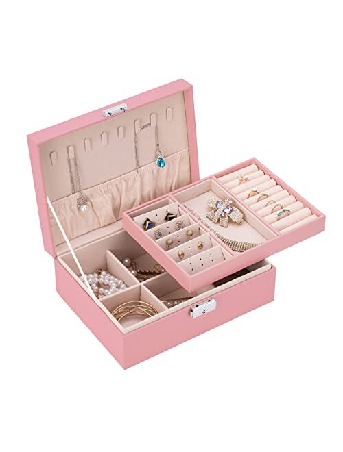 Smileshe Jewelry Box for Women Girls, PU Leather Organizer Holder Boxes with Lock, 2 Layers Removable Display Storage Travel Case for Rings Earrings Necklaces Bracelets