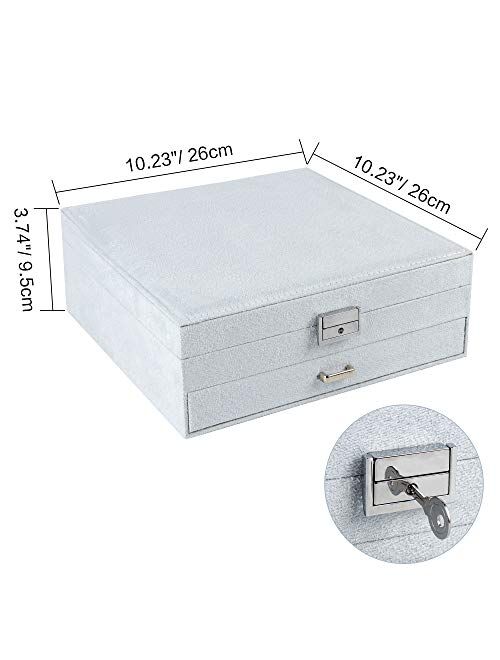 DesignSter Jewelry Organizer Box with Lock, Lint 2 Layer Rings Earrings Necklace Bracelet Jewellery Holder Removable Grids Tray Drawer Display Storage Case with Thank You