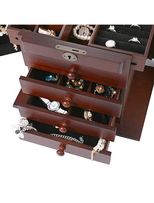 Caffny Large Wooden Jewelry Box, Built-in Mirror and Lock, Double Door Drawer Jewelry Storage Box 10.8L x 8.3W x 12H inch