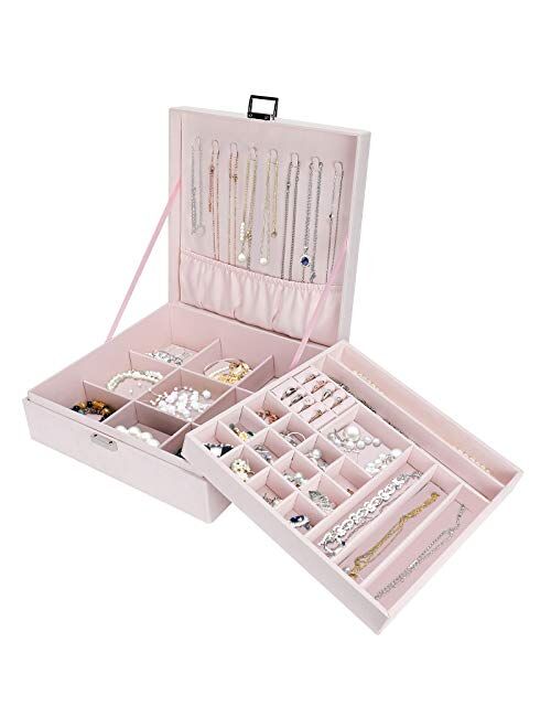 ProCase Jewelry Box Organizer for Women Girls, Two Layer Jewelry Display Storage Holder Case for Necklace Earrings Bracelets Rings Watches