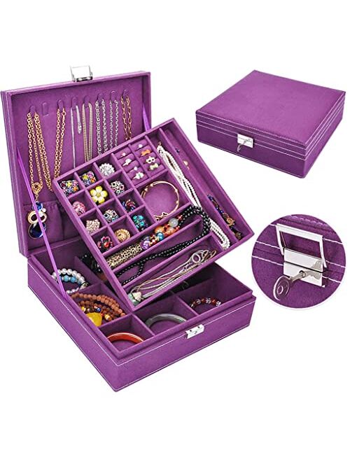 QBestry Jewelry Boxes for Women Men Girls, QBeel 2 Layer Jewelry Organizer with Lock Large Jewelry Box Organizer Women Jewelry Storage Box Velvet Jewellery Holder Case fo