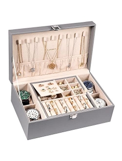 LANDICI Jewelry Box Organizer for Women Girls, Large 2 Layer Men Watch Case with Removable Tray