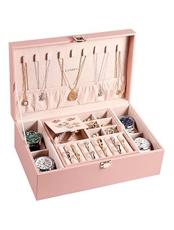 LANDICI Jewelry Box Organizer for Women Girls, Large 2 Layer Men Watch Case with Removable Tray