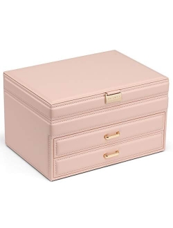 Vlando Jewelry Box with Glass Top for Mothers Day Gifts, 3 Layer Women Girls Jewelry Organizer with 2 Drawers, Large Leather Jewelry Storage for Necklaces Rings Earrings 