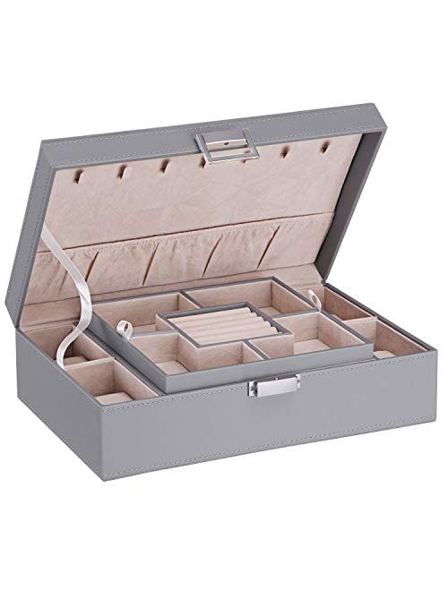 BEWISHOME Jewelry Box Organizer with 4 Watch Case Removable Tray Jewelry Display Storage Case - 7 Necklace Hook - Velvet Lining - Earring Ring Bracelet Case for Women Gir