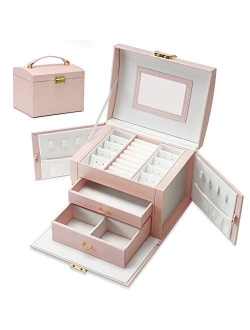 Euclidean Cube Jewelry Box Jewelry Organizer Box Display Storage Case Holder with Two Layers Lock Mirror Women Girls Leather Jewelry Box for Earrings Rings Necklaces Brac