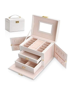 Euclidean Cube Jewelry Box Jewelry Organizer Box Display Storage Case Holder with Two Layers Lock Mirror Women Girls Leather Jewelry Box for Earrings Rings Necklaces Brac