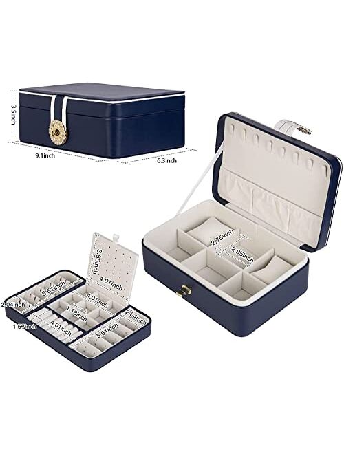 TMMTYXX Jewelry Box for Women Girls, 2 Layer Large Jewelry Storage Case. PU Leather Display Jewel Holder with Removable Tray for Watch, Necklace, Earring Rings, Bracelets