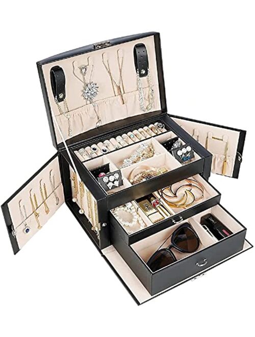 ProCase Jewelry Organizer Box for Women Wife Mother Girlfriend, Large PU Leather Jewelry Organizer 3 Layers Storage Display Case with Drawers and Dividers for Earrings Ne