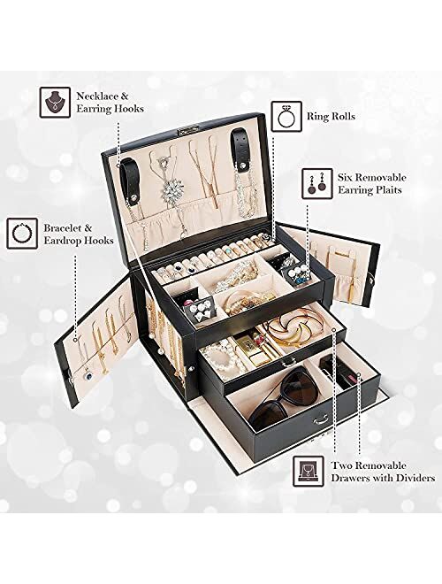 ProCase Jewelry Organizer Box for Women Wife Mother Girlfriend, Large PU Leather Jewelry Organizer 3 Layers Storage Display Case with Drawers and Dividers for Earrings Ne