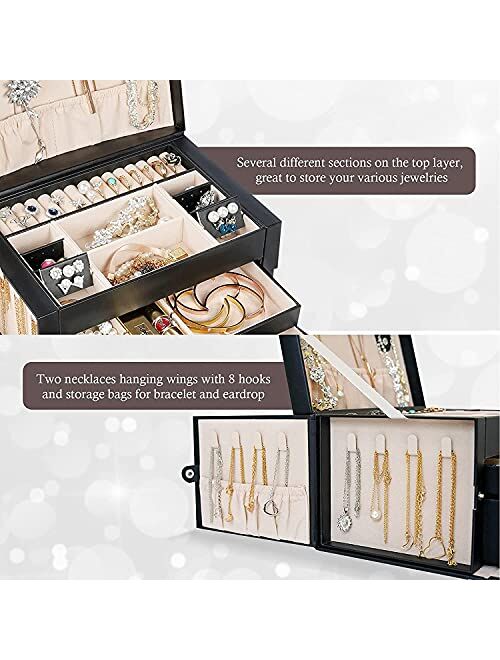 ProCase Jewelry Organizer Box for Women Wife Mother Girlfriend, Large PU Leather Jewelry Organizer 3 Layers Storage Display Case with Drawers and Dividers for Earrings Ne