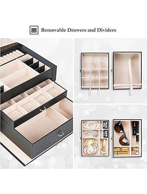 ProCase Jewelry Organizer Box for Women Wife Mother Girlfriend, Large PU Leather Jewelry Organizer 3 Layers Storage Display Case with Drawers and Dividers for Earrings Ne