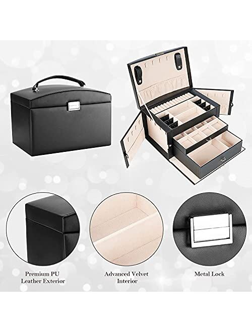 ProCase Jewelry Organizer Box for Women Wife Mother Girlfriend, Large PU Leather Jewelry Organizer 3 Layers Storage Display Case with Drawers and Dividers for Earrings Ne