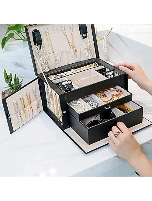 ProCase Jewelry Organizer Box for Women Wife Mother Girlfriend, Large PU Leather Jewelry Organizer 3 Layers Storage Display Case with Drawers and Dividers for Earrings Ne