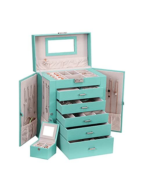 ANWBROAD 6 Tier Huge Jewelry Box Jewelry Organizer Box Display Storage Case Holder with Lock Mirror Girls Jewelry Box for Earrings Rings Necklaces Bracelets Earrings Gift