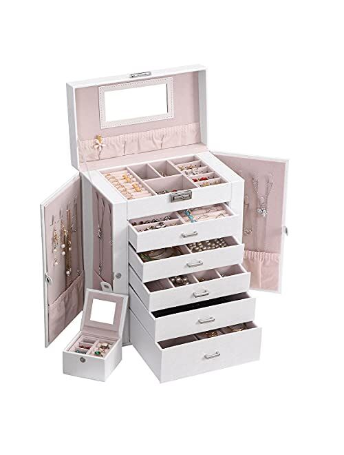 ANWBROAD 6 Tier Huge Jewelry Box Jewelry Organizer Box Display Storage Case Holder with Lock Mirror Girls Jewelry Box for Earrings Rings Necklaces Bracelets Earrings Gift