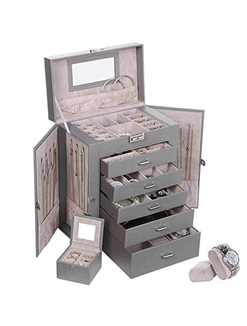 ANWBROAD 6 Tier Huge Jewelry Box Jewelry Organizer Box Display Storage Case Holder with Lock Mirror Girls Jewelry Box for Earrings Rings Necklaces Bracelets Earrings Gift