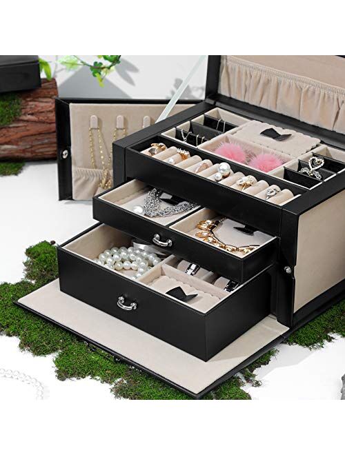 SONGMICS Jewelry Box for Women, Jewelry Organizer with 2 Drawers, Lockable Jewelry Case with Mirror, Portable Travel Case, for Rings, Earrings, Necklaces, Gift