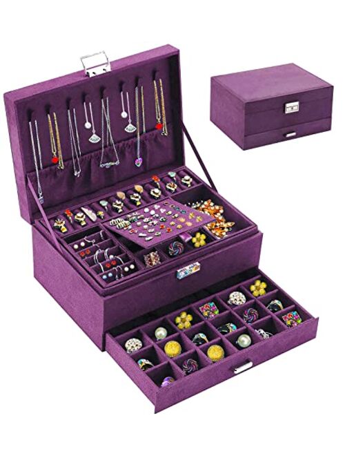 Jewelry Box Organizer for Women Girls, QBestry 3 Layers Big Jewelry Earrings Organizer Box with Lock Drawer Women Jewelry Display Holder Storage Case for Earrings Bracele