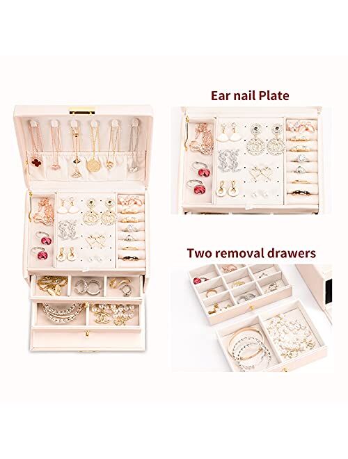 DEZZIE Jewelry Boxes for women, 2 Layer Medium Sized Jewelry Storage Box gift.