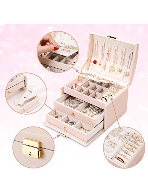 DEZZIE Jewelry Boxes for women, 2 Layer Medium Sized Jewelry Storage Box gift.