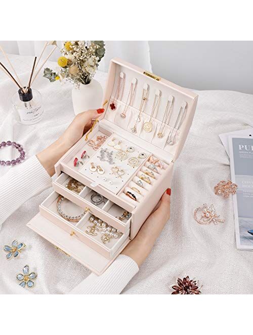 DEZZIE Jewelry Boxes for women, 2 Layer Medium Sized Jewelry Storage Box gift.