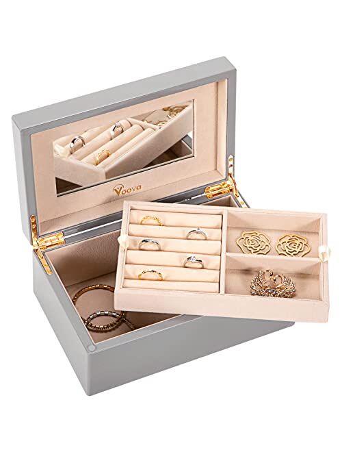 Voova Jewelry Box Organizer for Women Teen Girls, Luxury Wooden Piano Paint Jewelry Case with Mirror, Large Jewellery Storage Boxes Display Holder with Removable Tray for