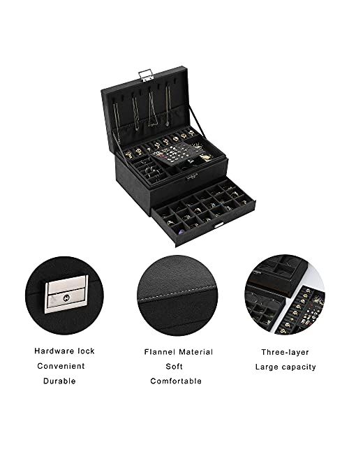 ZUZOOQ Women Jewelry Organizer Box, 3-Layer Velvet Jewelry Boxes Display Storage Case with Lock for Rings Necklace Earrings