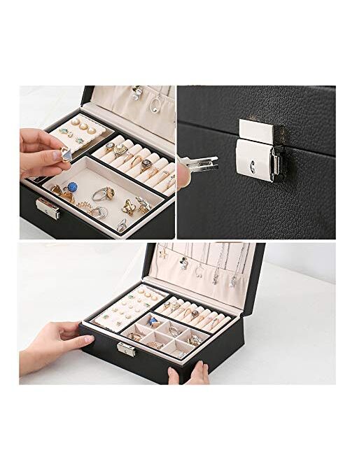 Jewelry Box Organizer,ProttyLife 2 Layer Large Women Jewelry Box Organizer Large Lockable Display Jewelry Holder for Earring Ring Necklace Gift Jewelry Storage Case