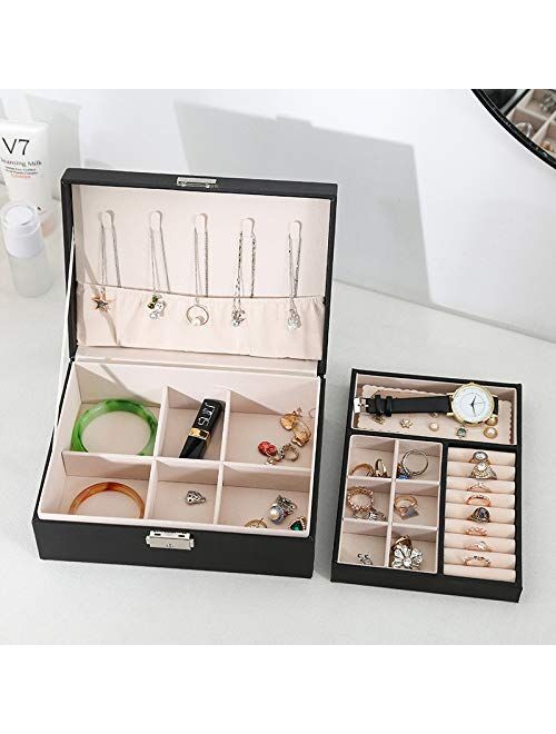 Jewelry Box Organizer,ProttyLife 2 Layer Large Women Jewelry Box Organizer Large Lockable Display Jewelry Holder for Earring Ring Necklace Gift Jewelry Storage Case