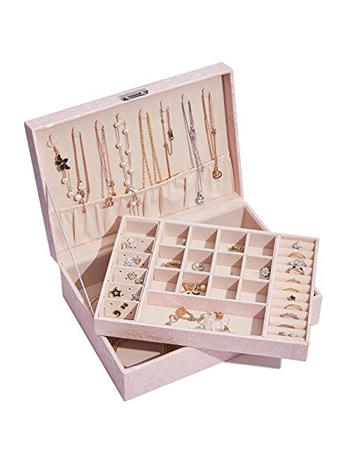 ECRAB Large Jewelry Box Organizer 2 Layers with Lock for Girls and Women, Leather Design Jewelry Storage Case for Earring Ring Necklace Bracelet