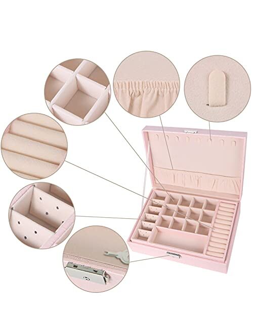 ECRAB Large Jewelry Box Organizer 2 Layers with Lock for Girls and Women, Leather Design Jewelry Storage Case for Earring Ring Necklace Bracelet