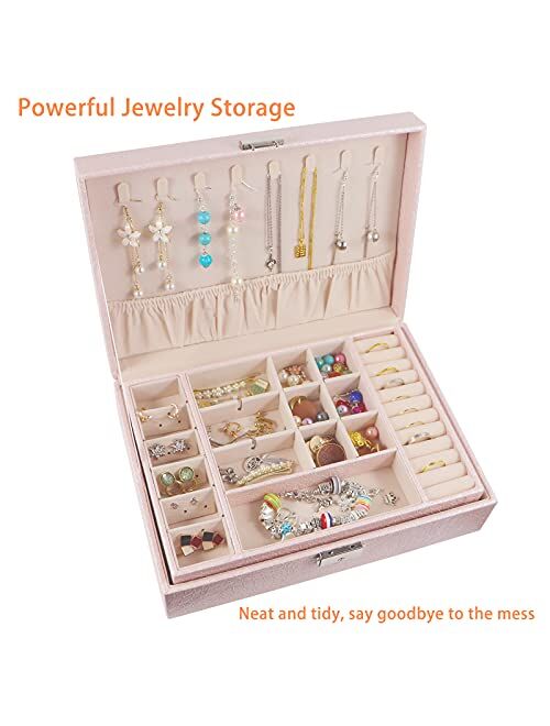 ECRAB Large Jewelry Box Organizer 2 Layers with Lock for Girls and Women, Leather Design Jewelry Storage Case for Earring Ring Necklace Bracelet