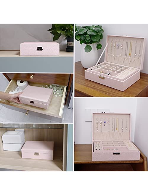 ECRAB Large Jewelry Box Organizer 2 Layers with Lock for Girls and Women, Leather Design Jewelry Storage Case for Earring Ring Necklace Bracelet