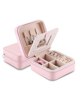 ProCase Small Jewelry Organizer Box for Travel, Portable Mini Jewelry Travel Case with Zipper Mirror for Rings Necklaces Bracelets Earrings, Gift for Women Girl