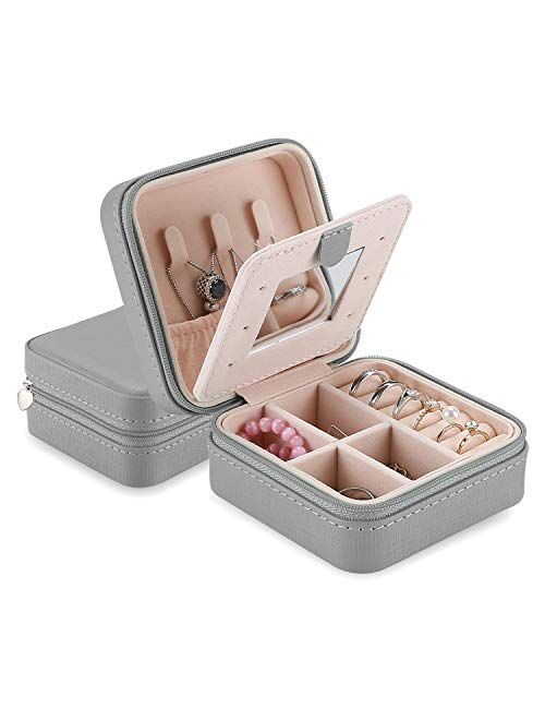 ProCase Small Jewelry Organizer Box for Travel, Portable Mini Jewelry Travel Case with Zipper Mirror for Rings Necklaces Bracelets Earrings, Gift for Women Girl