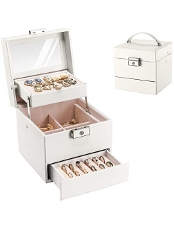 ProCase Jewelry Box for Girl Women Traveling, Ideal Gift Small 3 Layers Jewelry Organizer Display Storage Holder Case with Mirror Lock for Earrings Rings Necklaces Bracel