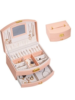 The Jewellery Pak Luxury Jewelry Organizer Case Box with Lock and Mirror Premium PU Leather Exterior and Soft Touch Velvet Interior Drawer Jewelry Storage Box for Rings E