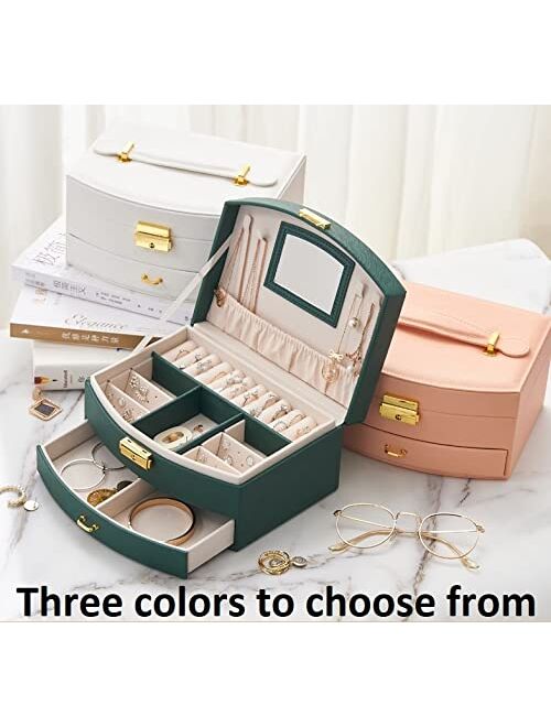 The Jewellery Pak Luxury Jewelry Organizer Case Box with Lock and Mirror Premium PU Leather Exterior and Soft Touch Velvet Interior Drawer Jewelry Storage Box for Rings E