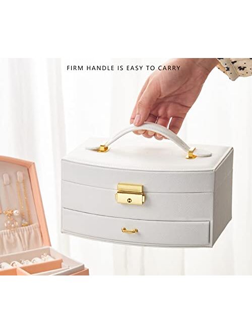 The Jewellery Pak Luxury Jewelry Organizer Case Box with Lock and Mirror Premium PU Leather Exterior and Soft Touch Velvet Interior Drawer Jewelry Storage Box for Rings E