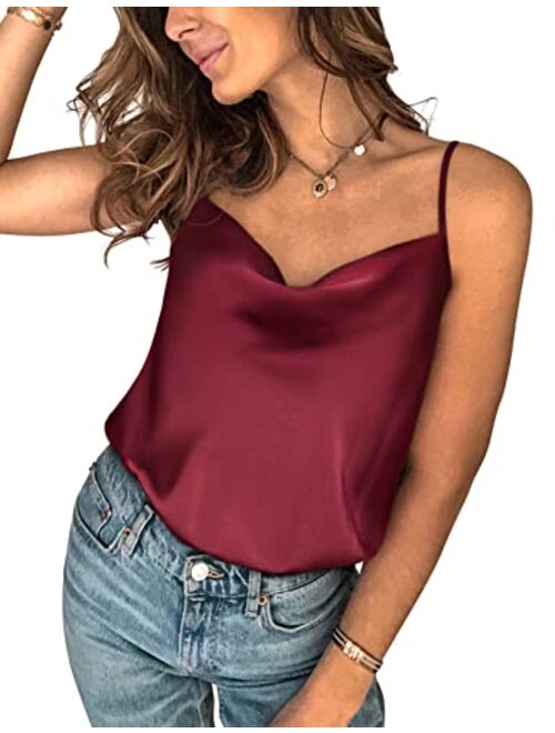 Saslax Satin Drape Cowl Neck Sleeveless Spaghetti Strap Cami Backless Bodysuit Tank Tops