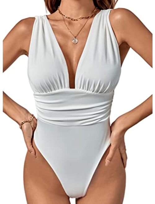 Rooscier Women's Deep V Neck Sleeveless Bodycon Sexy Ruched Leotard Bodysuit