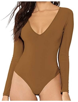 MANGDIUP Women's V-Neck Long Sleeve Tops Basic Bodysuit Jumpsuit