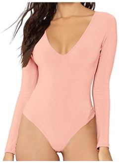 MANGDIUP Women's V-Neck Long Sleeve Tops Basic Bodysuit Jumpsuit