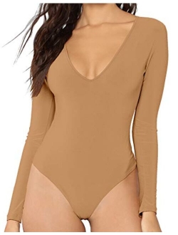 MANGDIUP Women's V-Neck Long Sleeve Tops Basic Bodysuit Jumpsuit