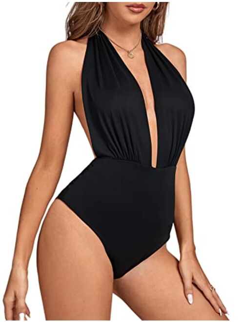 Rooscier Women's Deep V Neck Sleeveless Halter Tie Bodycon Ruched Sexy Leotard Bodysuit