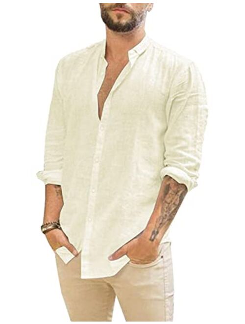 APRAW Mens Linen Button Down Shirts Long Sleeves Summer Beach Casual Regular Fit Shirt Tops