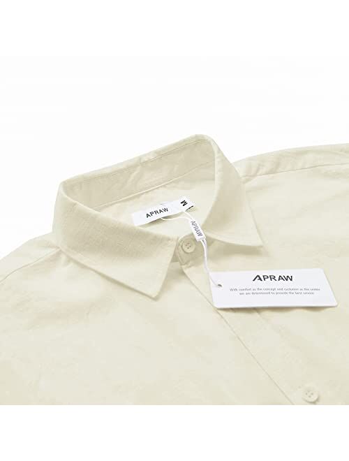 APRAW Mens Linen Button Down Shirts Long Sleeves Summer Beach Casual Regular Fit Shirt Tops